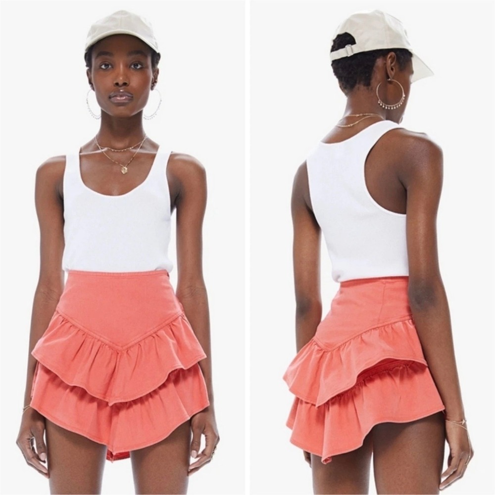 Mother Denim The Ruffle Mini Skirt‎ Hot Coral Pink Tiered 9476-413 Womens 25